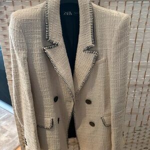Zara Textured Cream Blazer with Black Trim